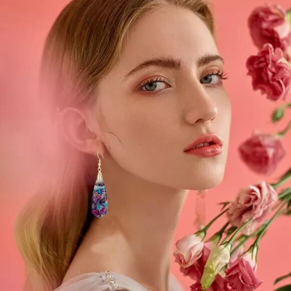 18K Yellow Gold with Natural Imperial Blue Purple Jasper Stone Hook Earrings - Picture 5 of 6